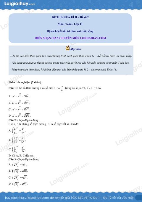 Đề thi giữa kì 2 Toán 11 Kết nối tri thức - Đề số 2
